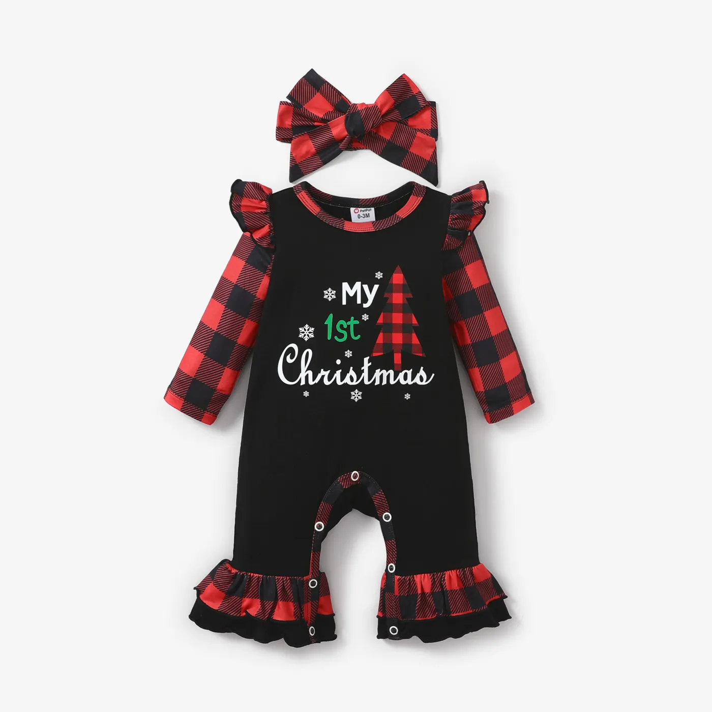 2pcs Baby Girl Christmas Cotton Ruffle Jumpsuit with Headband
