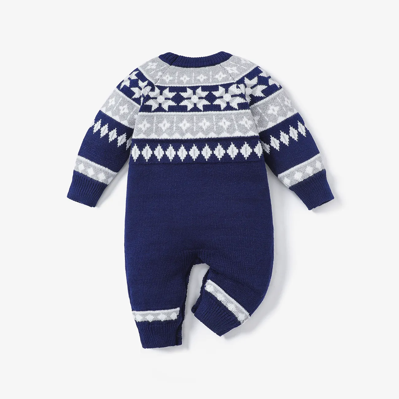 Baby Boy Long-sleeve Argyle Pattern Grey Knitted Jumpsuit Dark Blue big image 1