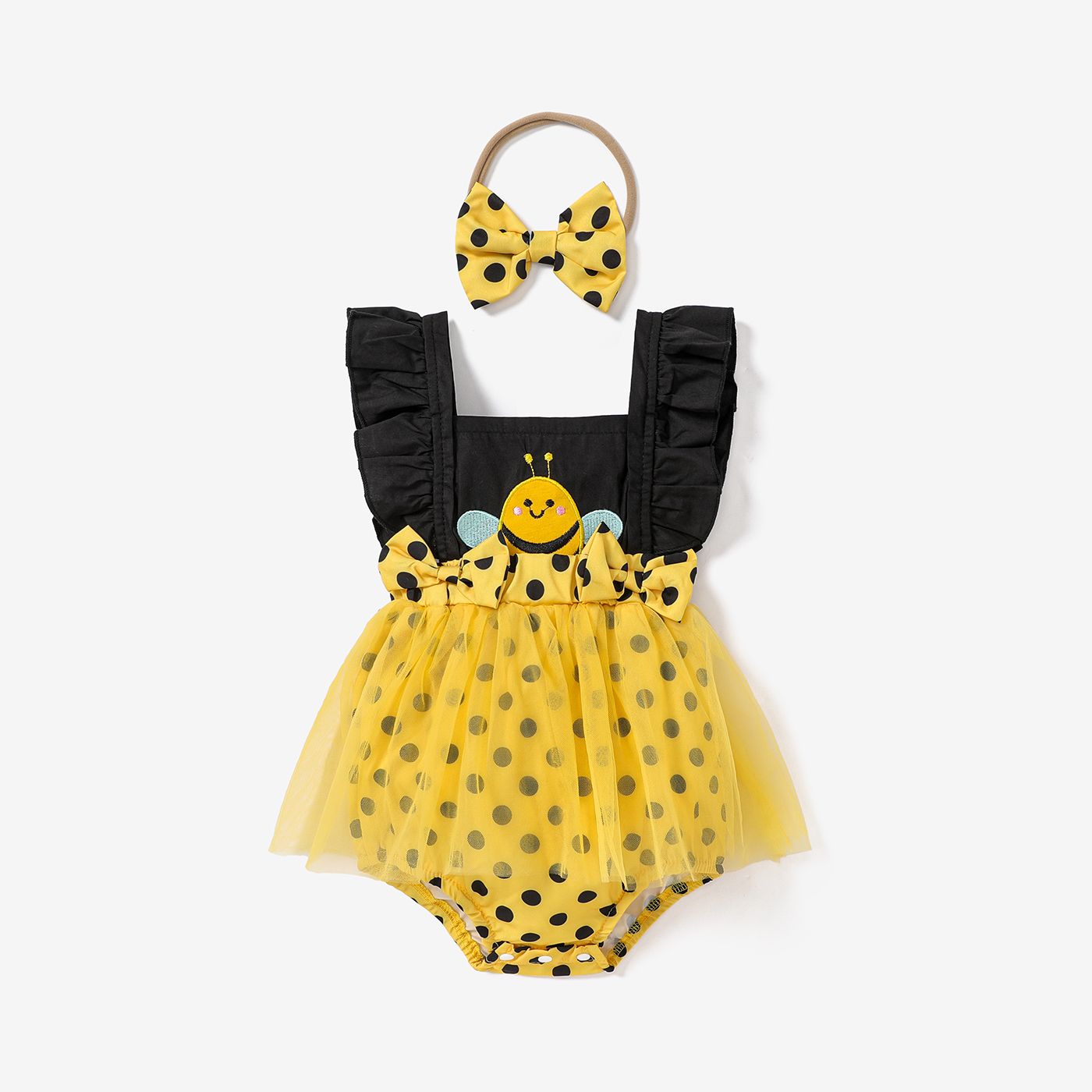 

2pcs Baby Girl Polka Dots Splice Bee Embroidered Mesh Overlay Combo Romper and Bow Headband Set
