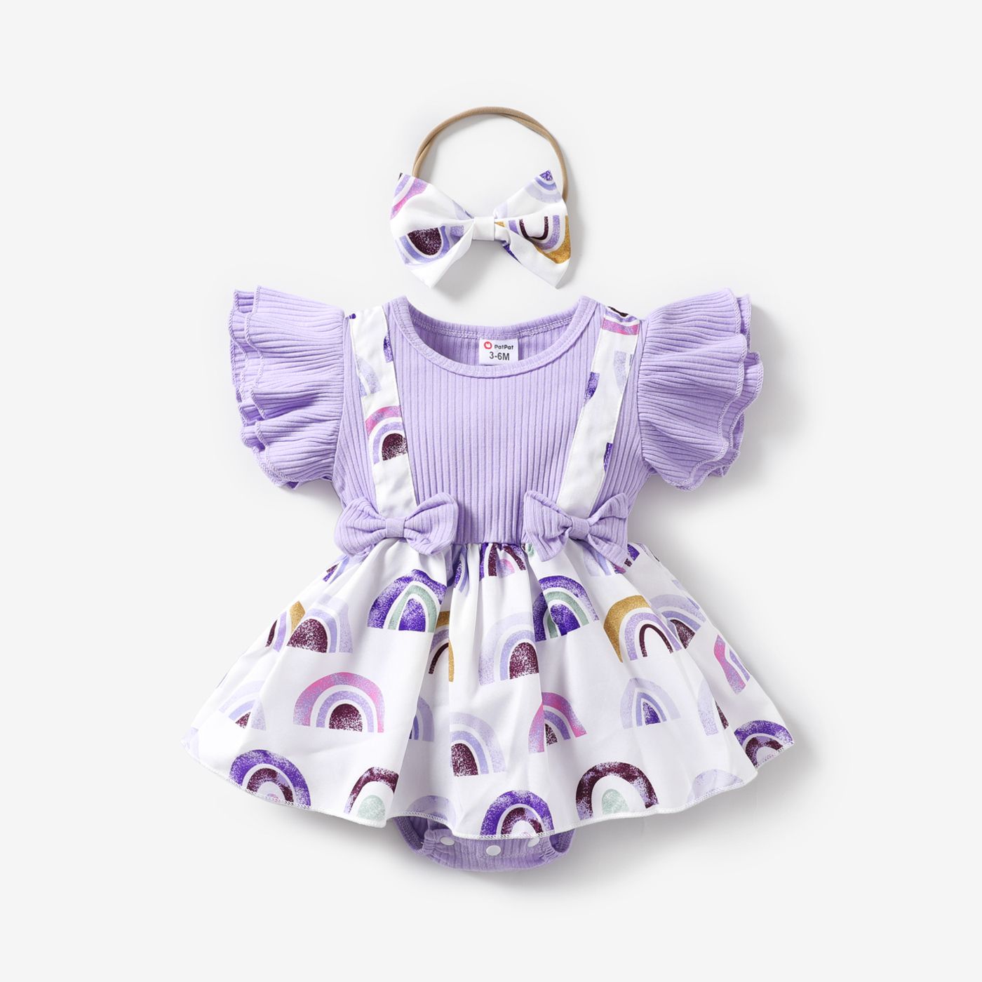 

2pcs Baby Girl 95% Cotton Rainbow Print Ruffle-sleeve Ribbed Combo Romper and Bow Headband Set