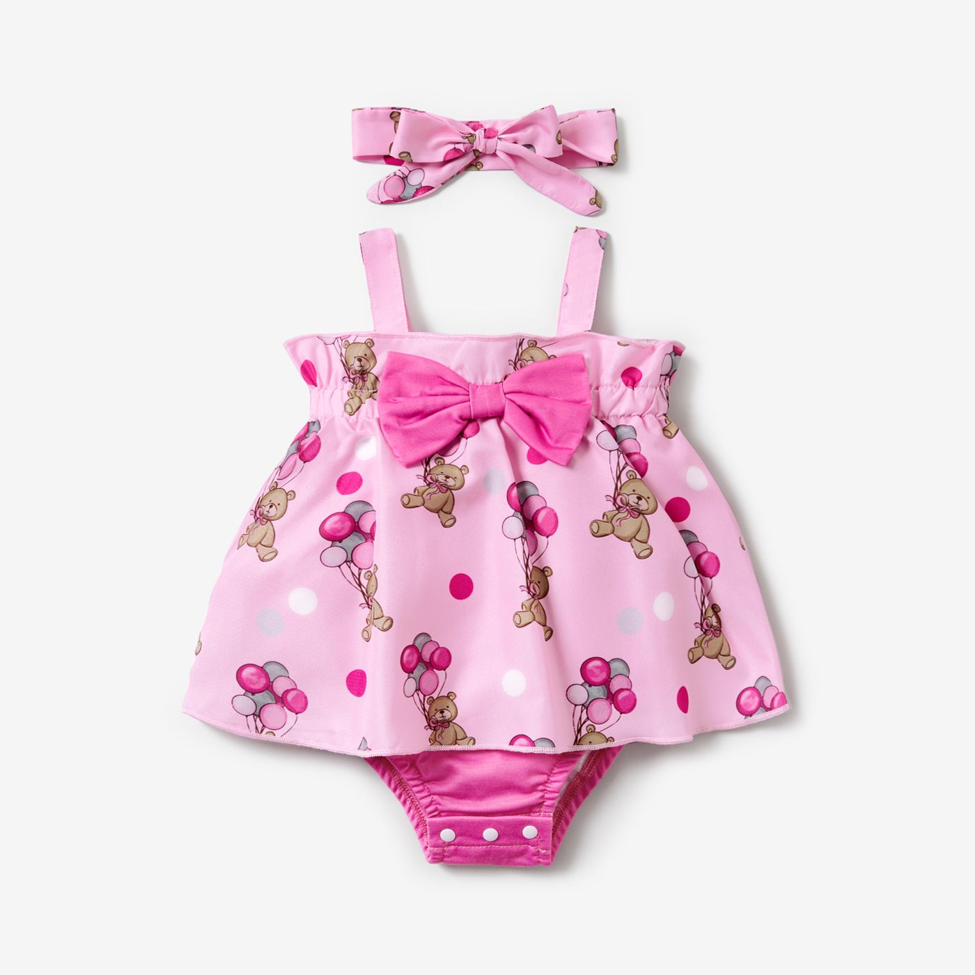 

2pcs Baby Girl Cute Bear Pattern Bow Front Slip Bodysuit Dress and Headband Set