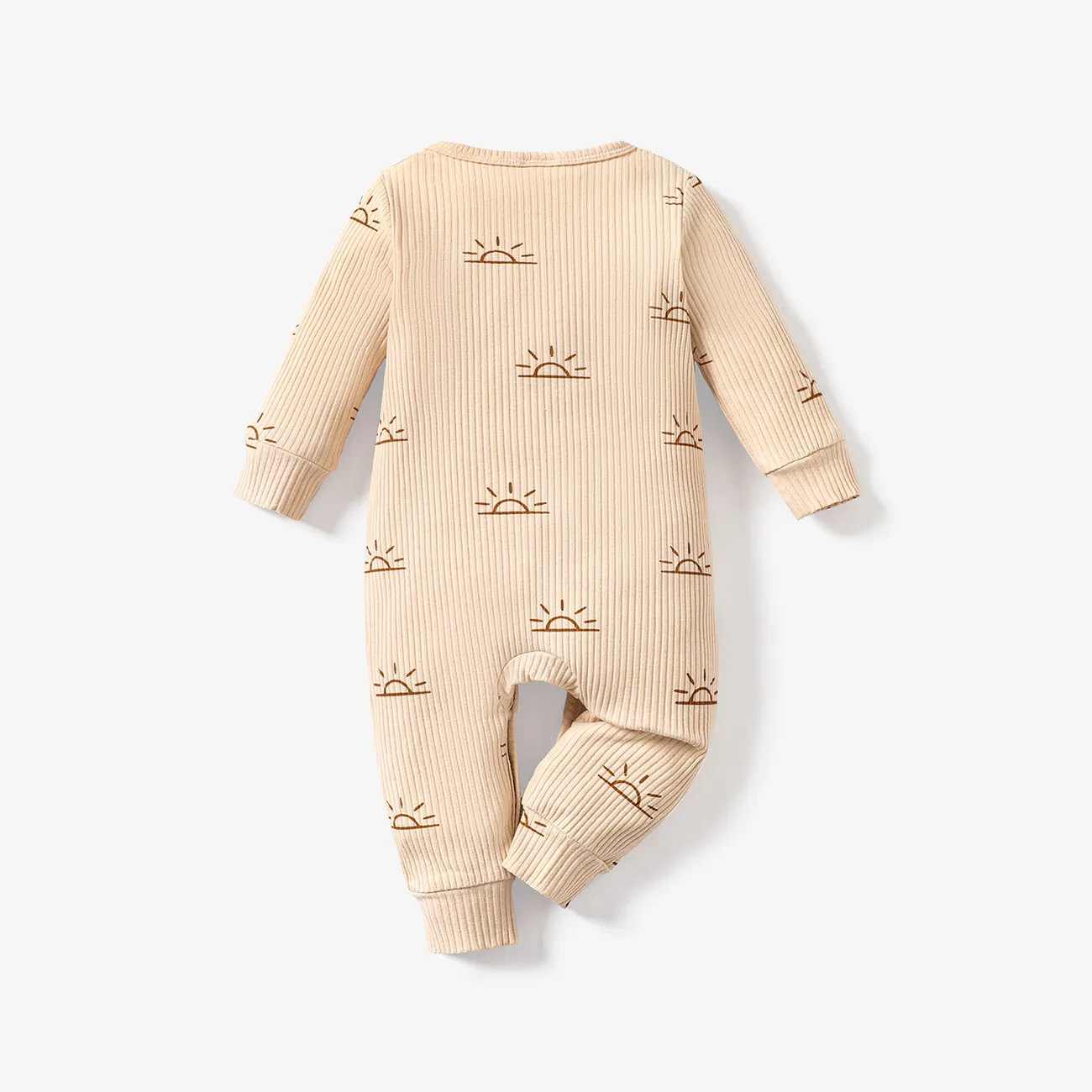 Baby Boy/Girl 95% Cotton Ribbed All Over Sun Print Long-sleeve Jumpsuit Apricot big image 1