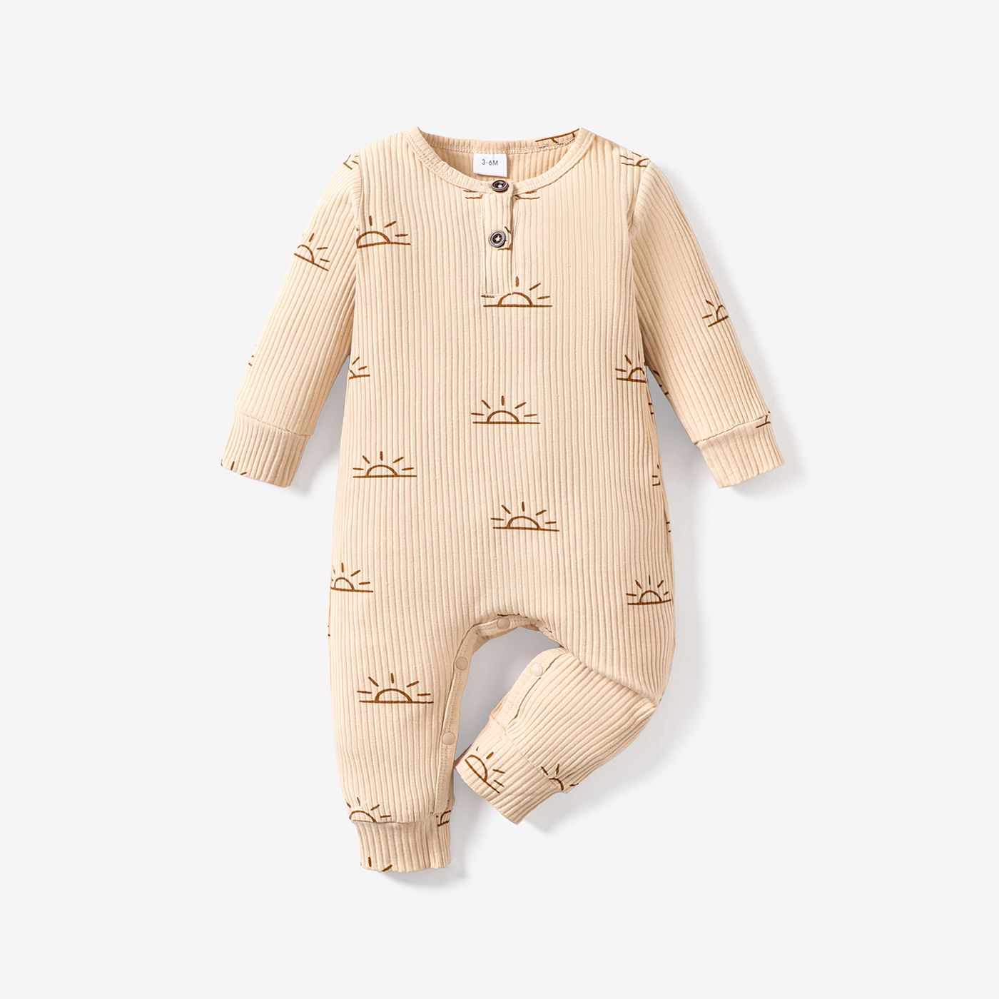 男嬰/女嬰 95% 棉羅紋全幅太陽印花長袖連身褲