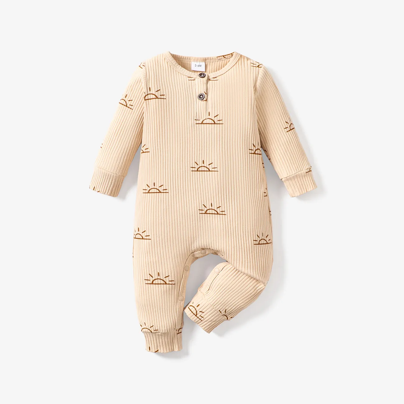 Baby Boy/Girl 95% Cotton Ribbed All Over Sun Print Long-sleeve Jumpsuit Apricot big image 1
