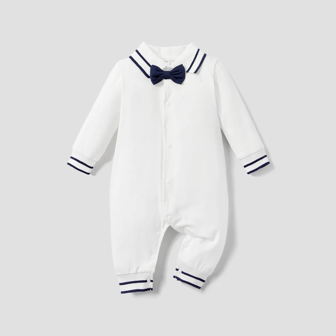 Baby Boy 95% Cotton Polo Neck Long-sleeve Gentleman Bow Tie Jumpsuit White big image 1