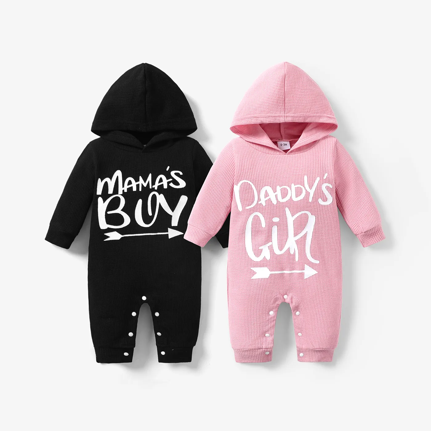 Baby Letter Print Solid Long-sleeve Hooded Waffle Jumpsuit