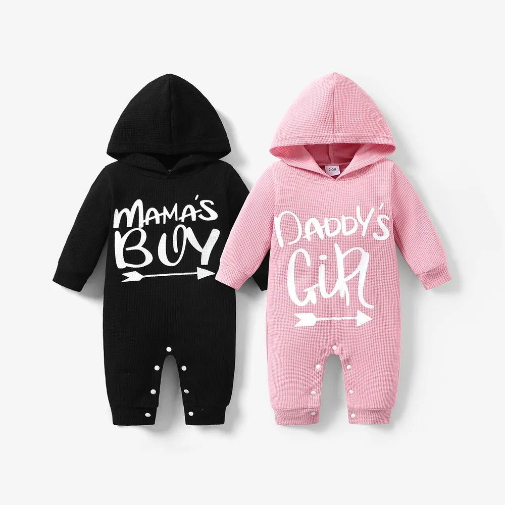 Baby Letter Print Solid Long-sleeve Hooded Waffle Jumpsuit  big image 2