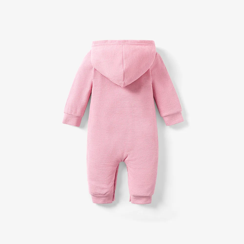 Baby Letter Print Solid Long-sleeve Hooded Waffle Jumpsuit big image 3