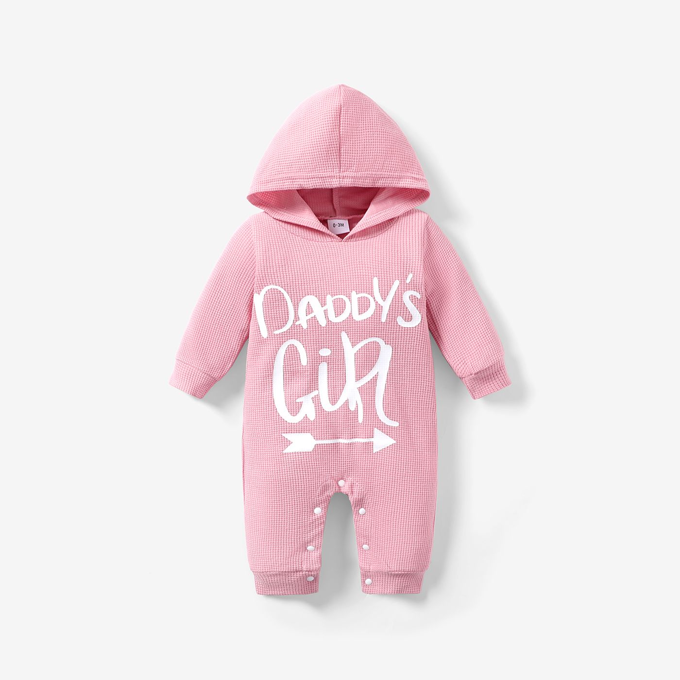 Baby Letter Print Solid Long-sleeve Hooded Waffle Jumpsuit