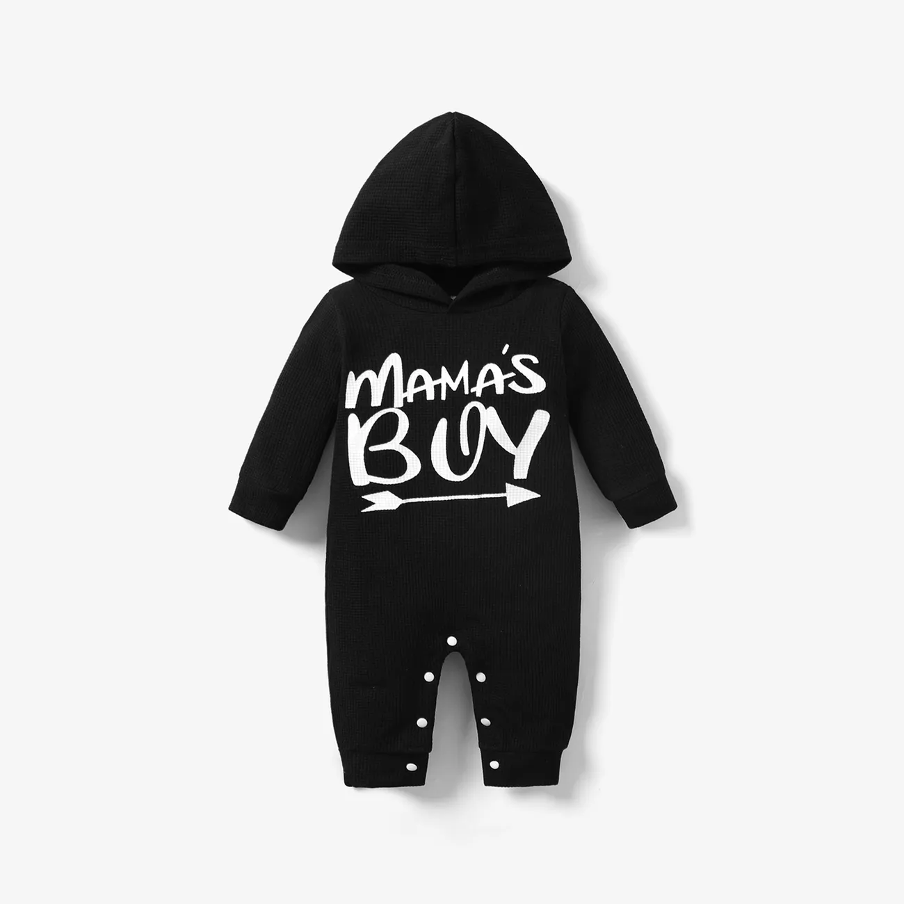 Baby Letter Print Solid Long-sleeve Hooded Waffle Jumpsuit Black big image 1