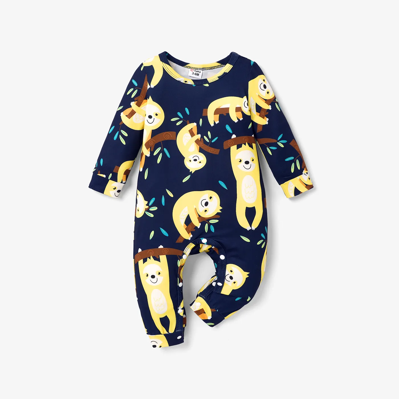 Baby Boy All Over Cartoon Sloth Print White Long-sleeve Jumpsuit Navy