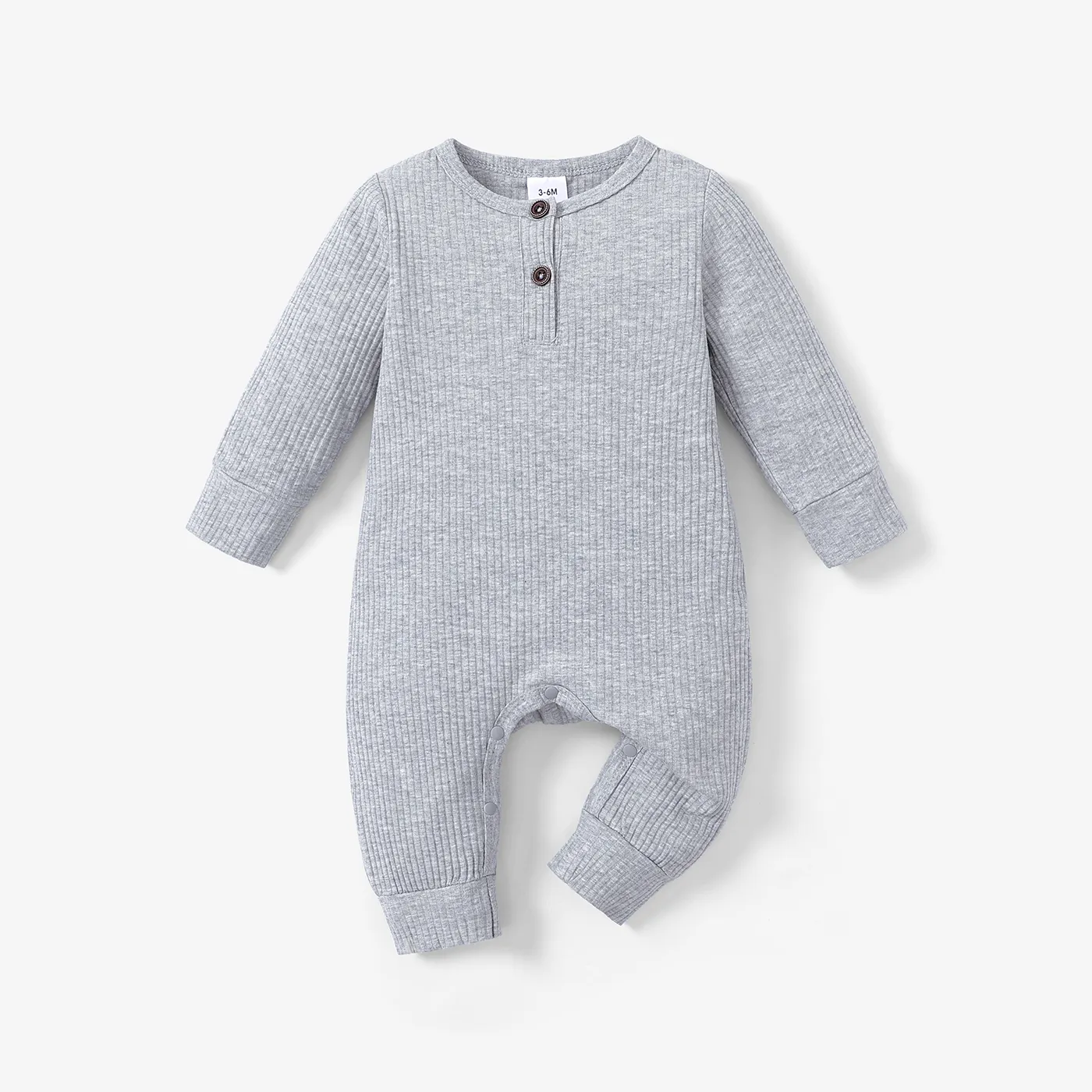 Baby Boy/Girl 95% Cotton Ribbed Long-sleeve Button Up Jumpsuit Grey