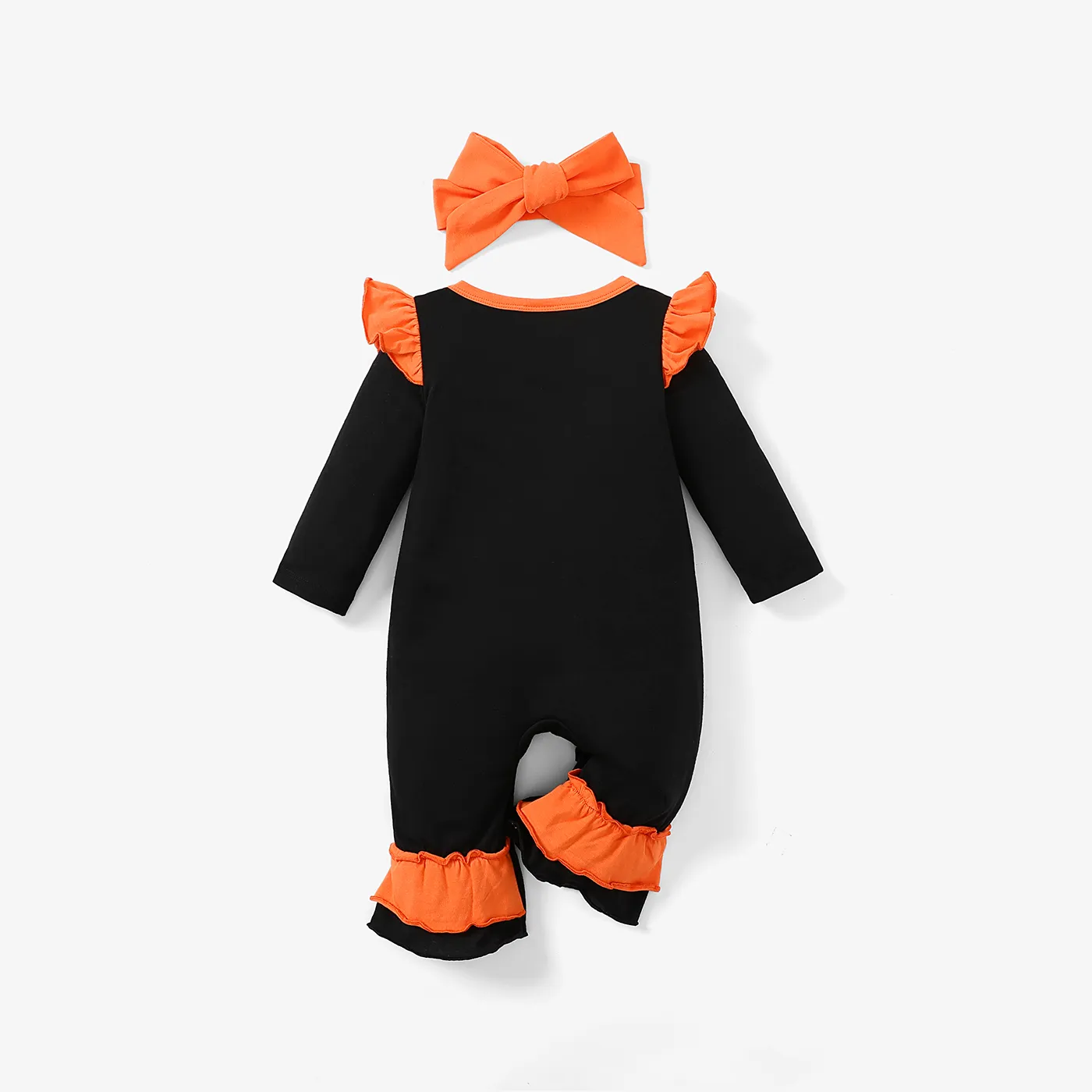 2pcs Baby Girl Halloween Childlike Letter Jumpsuit Set Black image 2