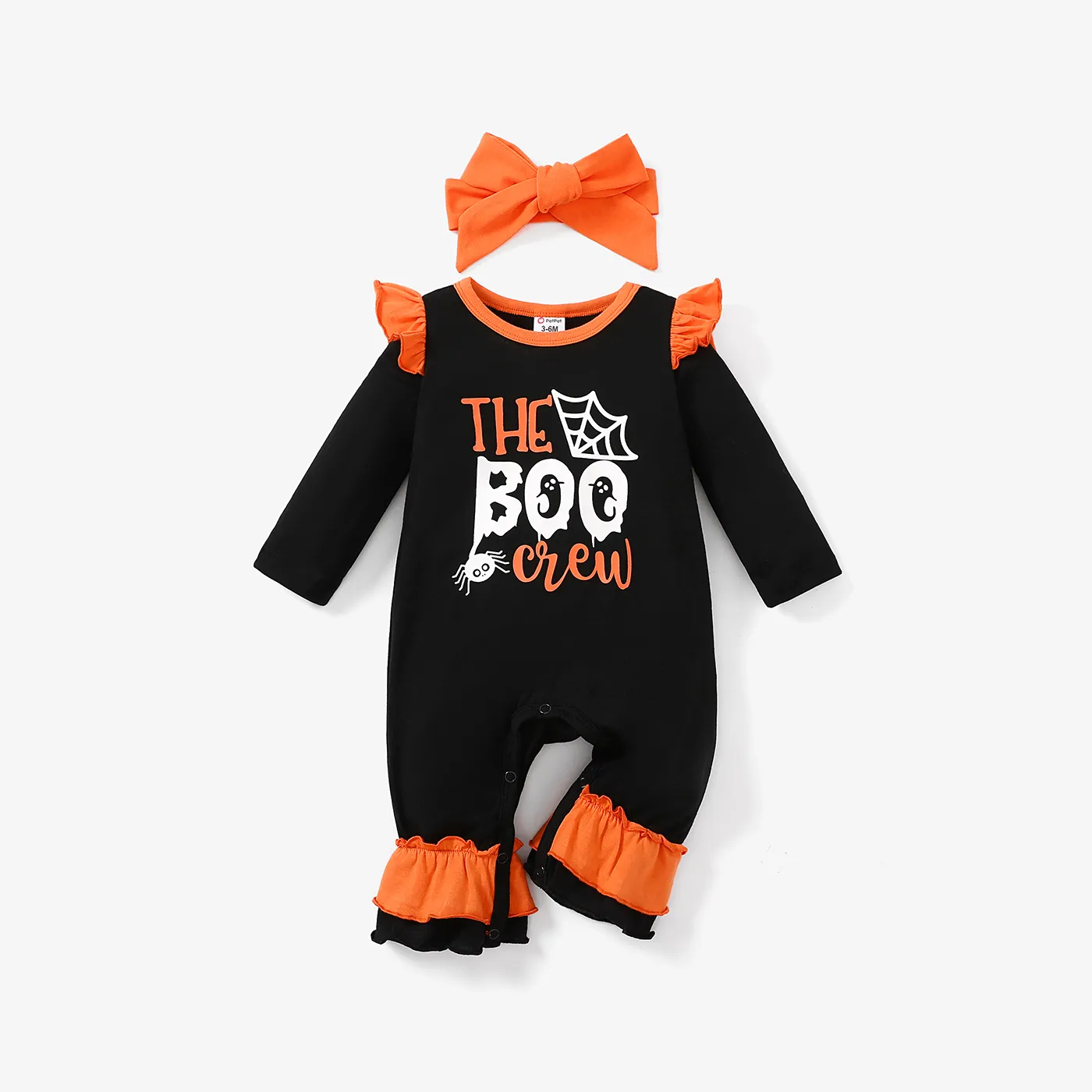 2pcs Baby Girl Halloween Childlike Letter Jumpsuit Set Black big image 1
