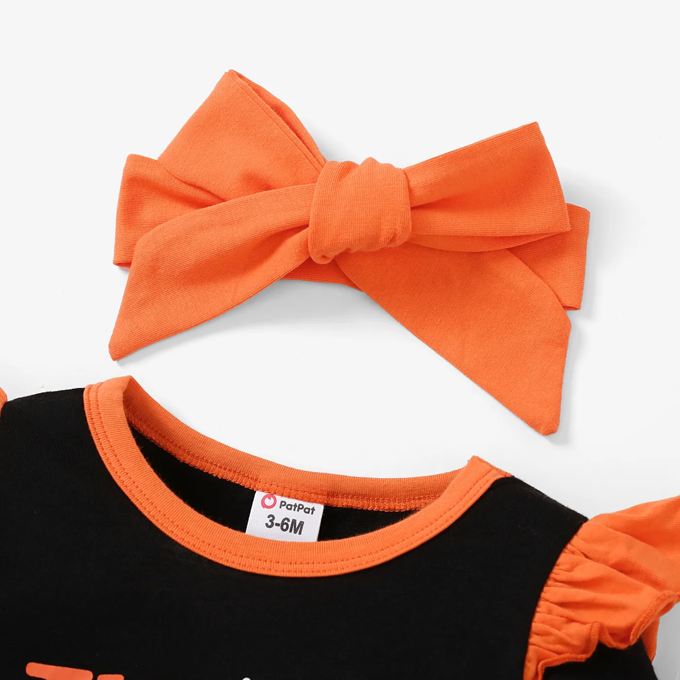 2pcs Baby Girl Halloween Childlike Letter Jumpsuit Set Black image 3
