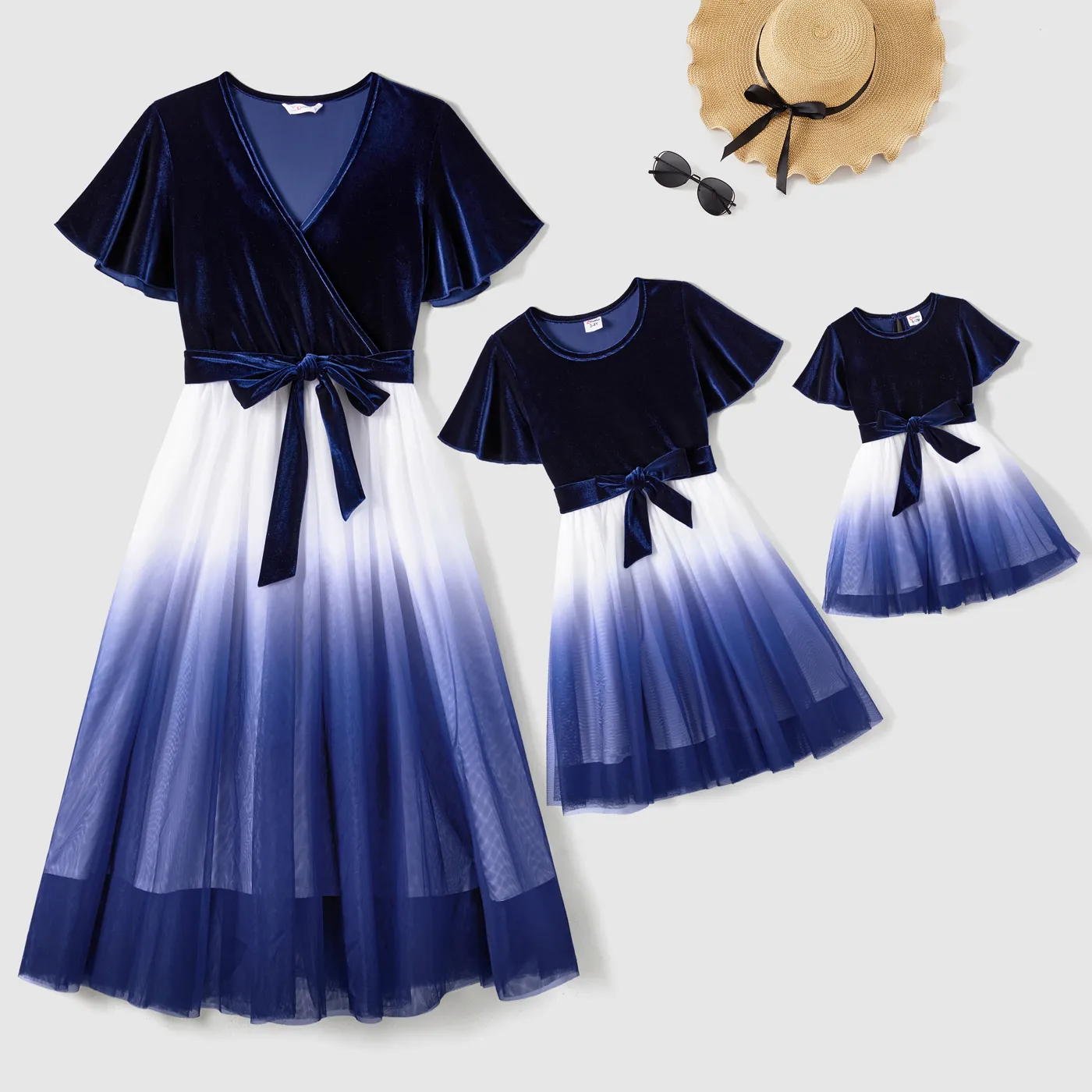 Mommy and Me Velet Splice Long-Sleeved Mesh Belted Dresses