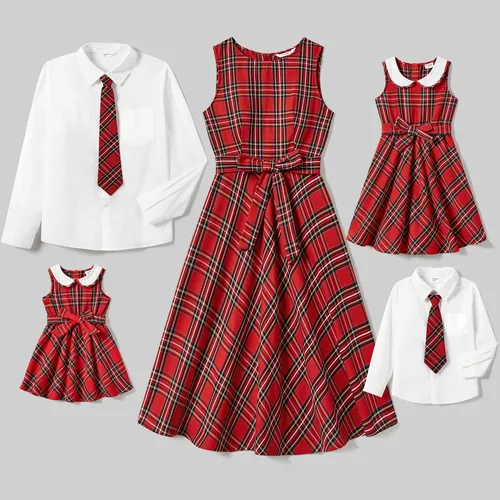 Christmas Family Matching Plaid Tops and Sleeveless Belted Dresses Sets