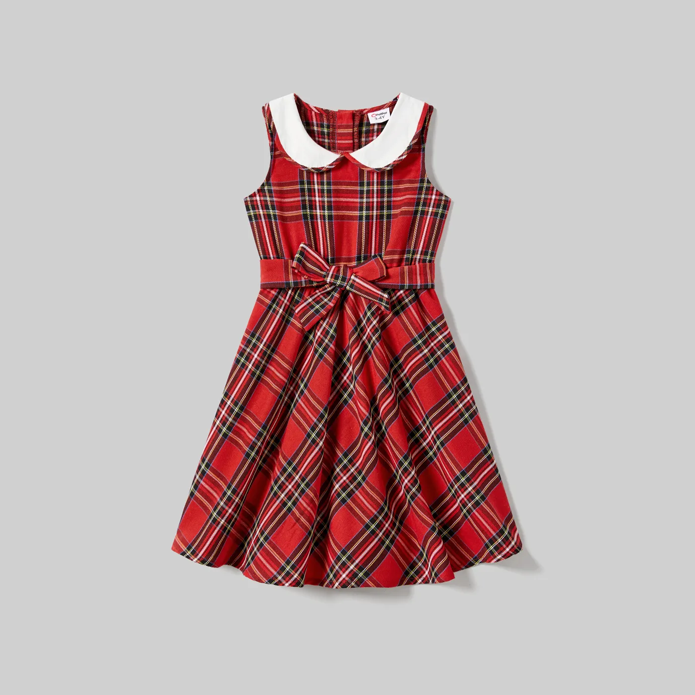 Christmas Family Matching Plaid Tops And Sleeveless Belted Dresses Sets