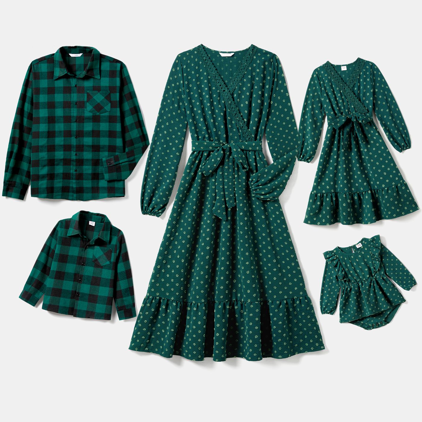 

Family Matching Green Surplice Neck Belted Dresses and Plaid Shirts Sets
