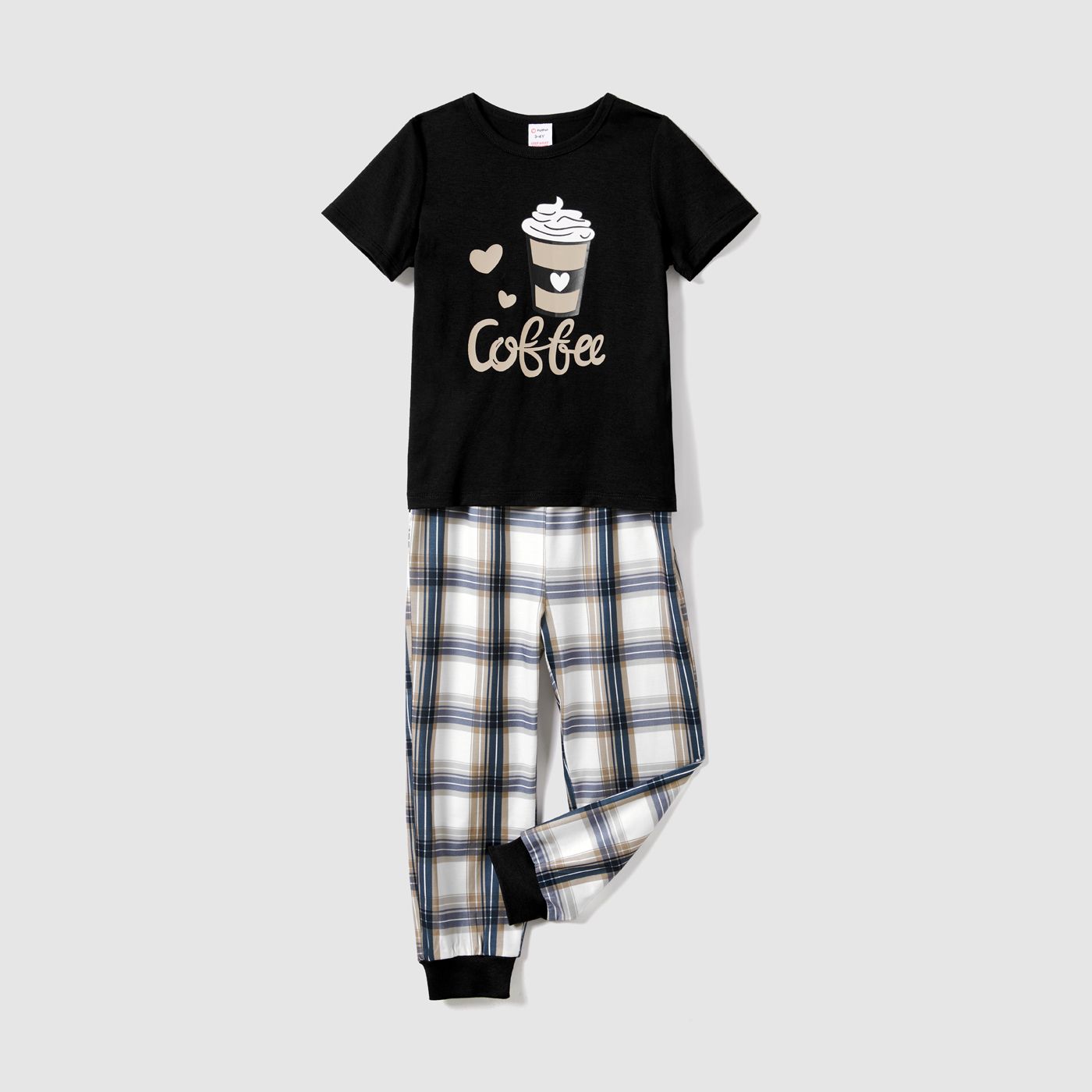 Christmas Family Matching Coffee Print Short-sleeve Plaid Pajamas Sets (Flame Resistant)