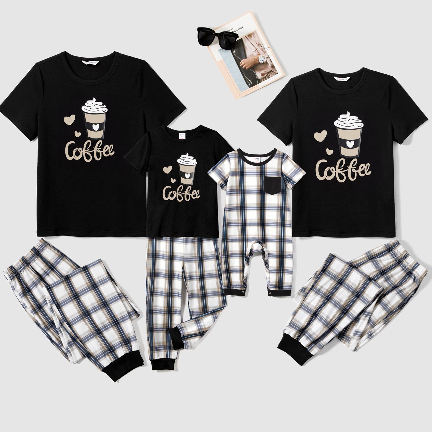 

Christmas Family Matching Coffee Print Short-sleeve Plaid Pajamas Sets (Flame Resistant)