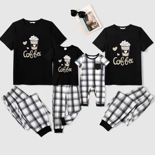 Christmas Family Matching Coffee Print Short-sleeve Plaid Pajamas Sets (Flame Resistant)