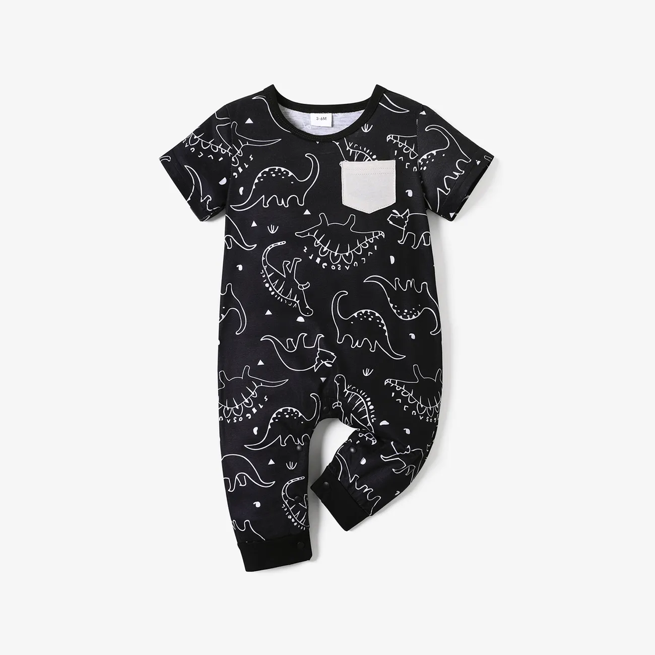 Dinosaur Allover Short-sleeve Black Baby Jumpsuit Black big image 1