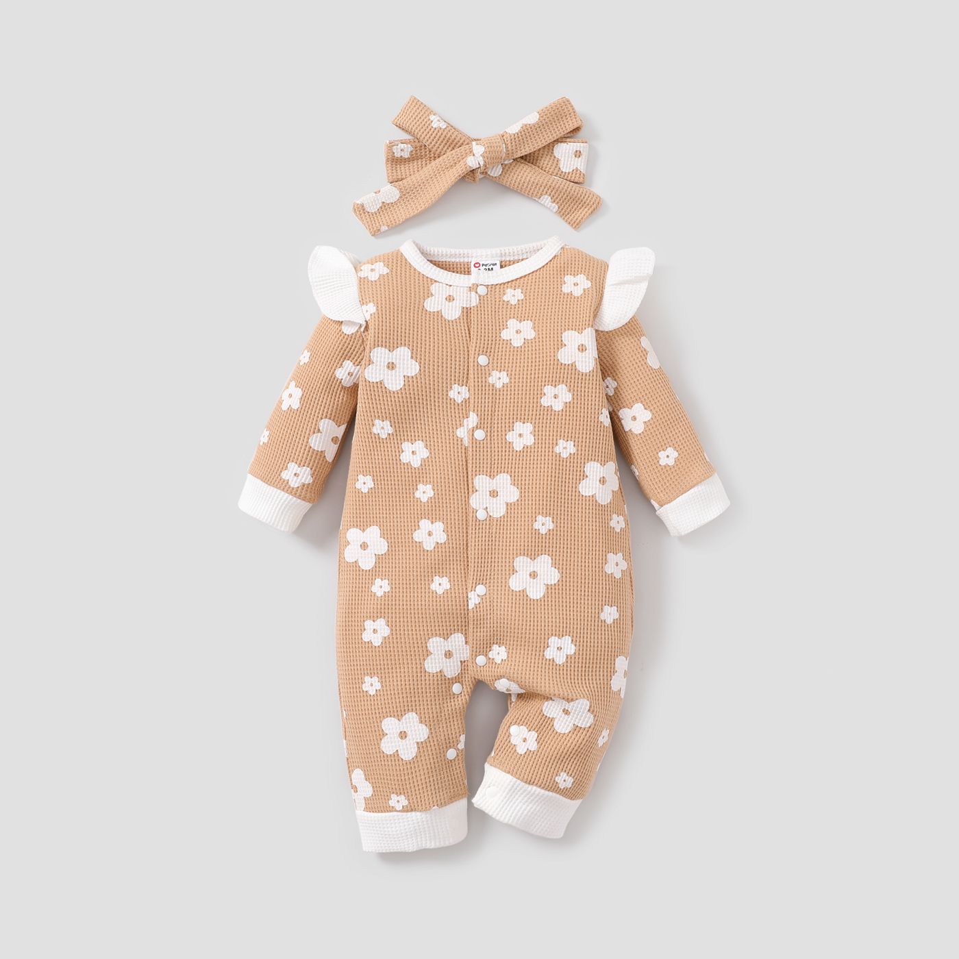 2pcs Baby Girl Sweet Flutter Sleeve Jumpsuit With Big Flower Print