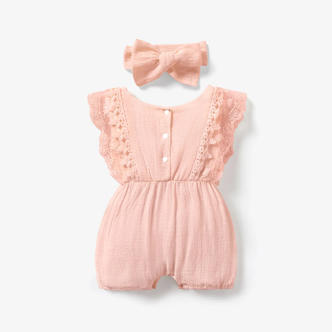 2pcs Baby Girl 95% Cotton Lace Flutter-sleeve Romper with Headband Set Pink big image 1