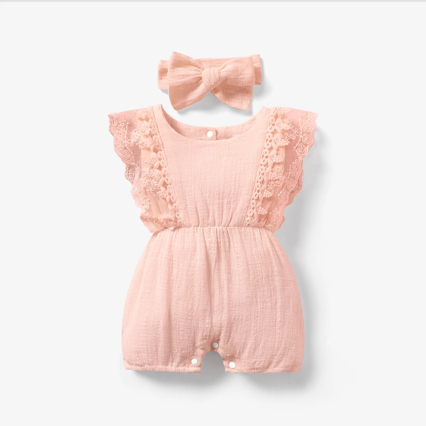 2pcs Baby Girl 95% Cotton Lace Flutter-sleeve Romper With Headband Set
