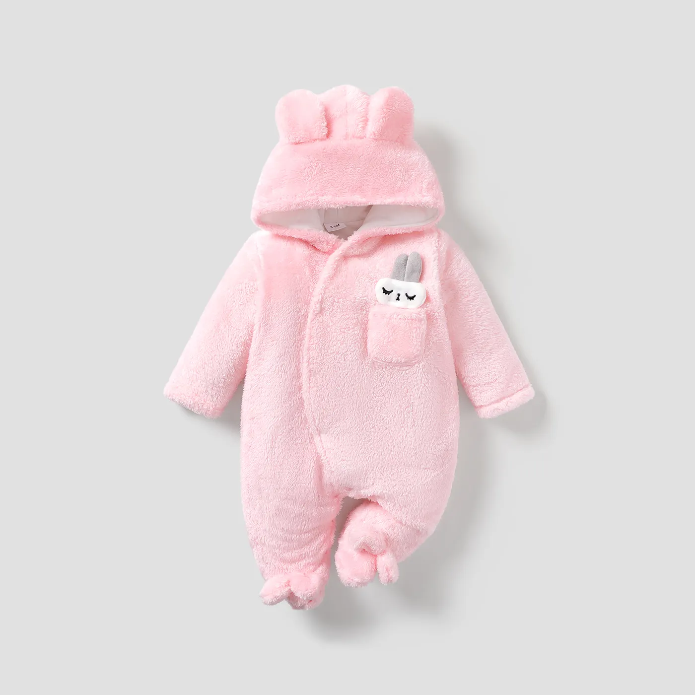 Solid Rabbit Decor Fleece Hooded Footed/footie Long-sleeve Baby Jumpsuit Pink