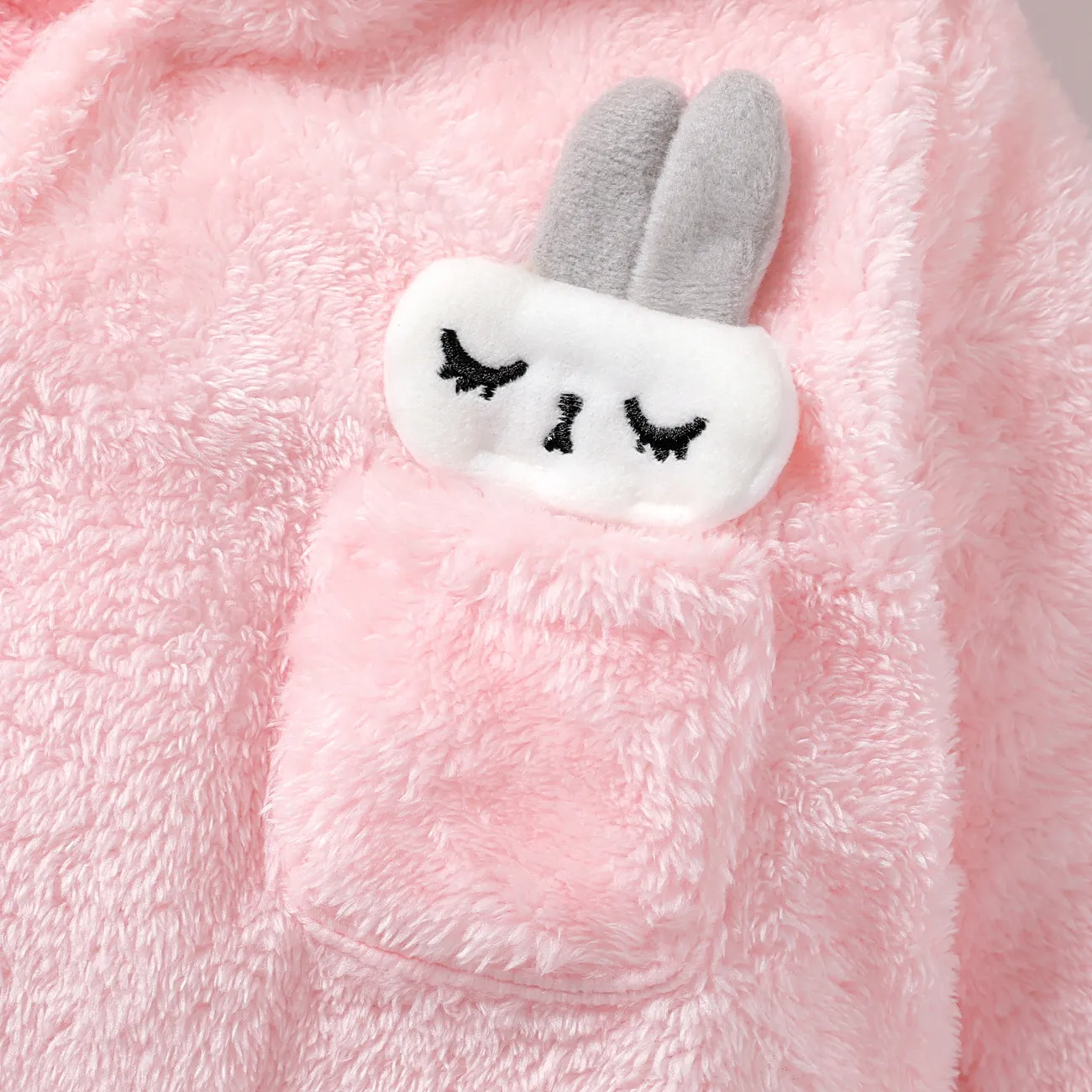 Solid Rabbit Decor Fleece Hooded Footed/footie Long-sleeve Baby Jumpsuit Pink big image 1