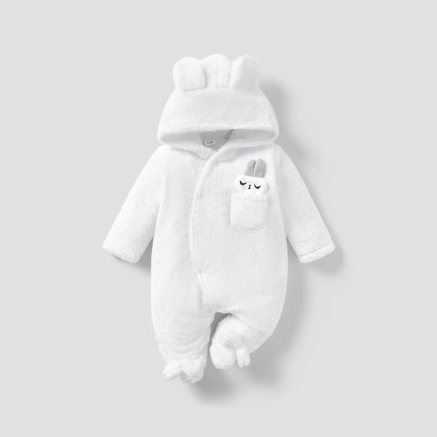 Solid Rabbit Decor Fleece Hooded Footed/footie Long-sleeve Baby Jumpsuit