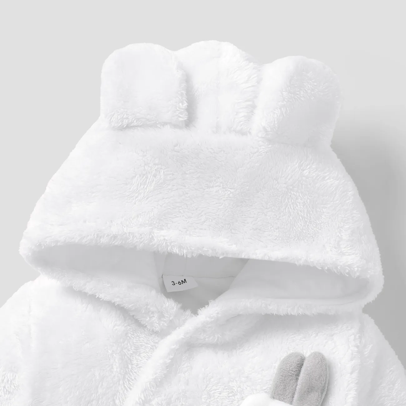 Solid Rabbit Decor Fleece Hooded Footed/footie Long-sleeve Baby Jumpsuit White big image 1
