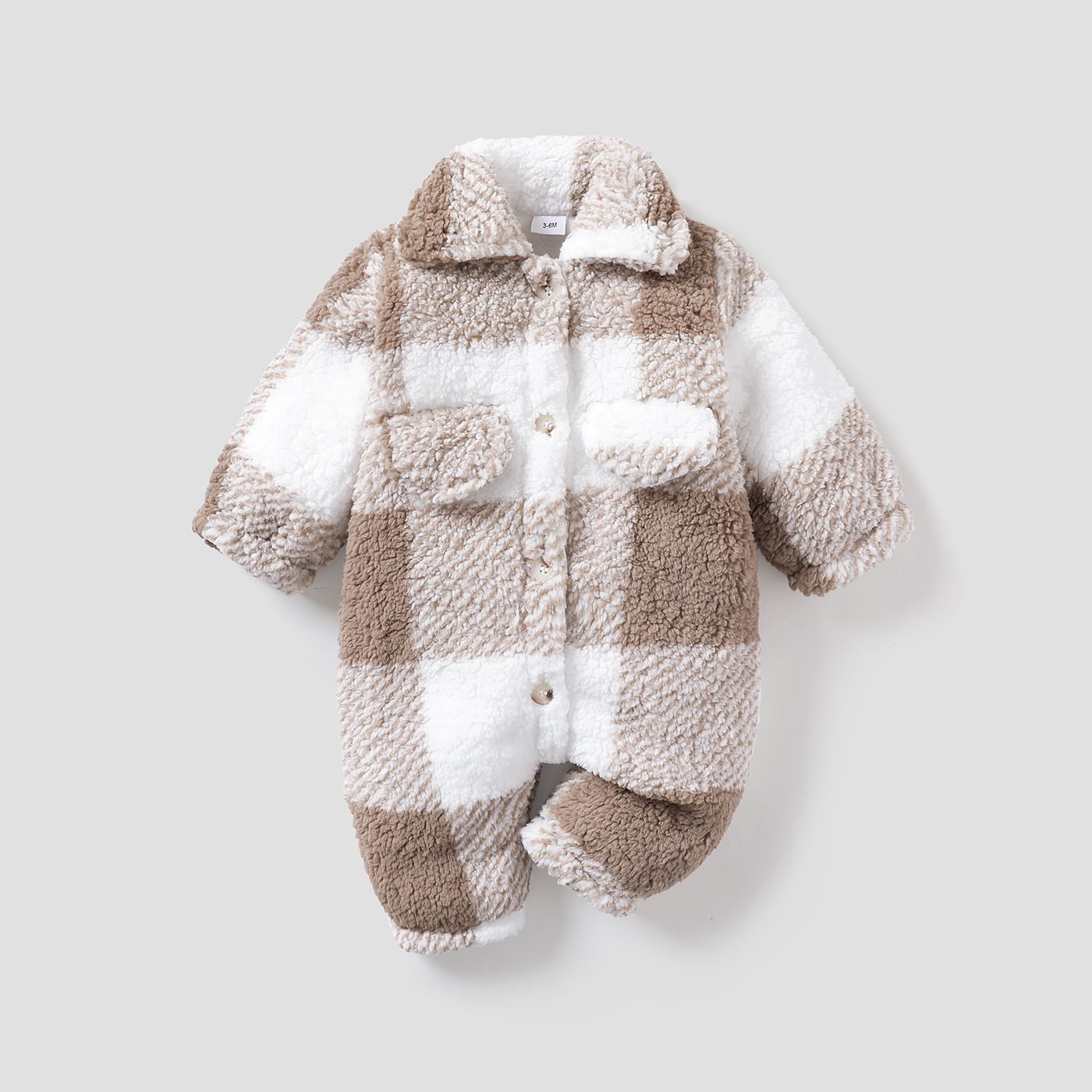 Khaki Plaid Fluffy Fleece Baby Lapel Long-sleeve Jumpsuit