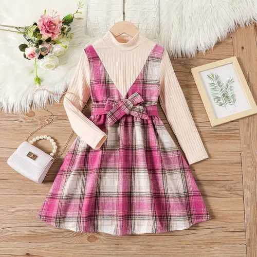 2PCS Kid Girl Classic Plaid Stitching Houndstooth Grid Dress Set 