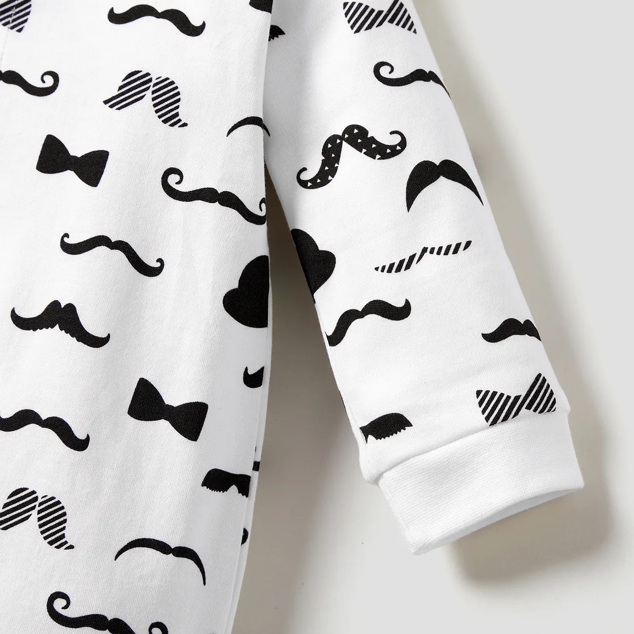 100% Cotton Moustache Pattern Bow Tie Decor Long-sleeve Baby Jumpsuit White big image 1
