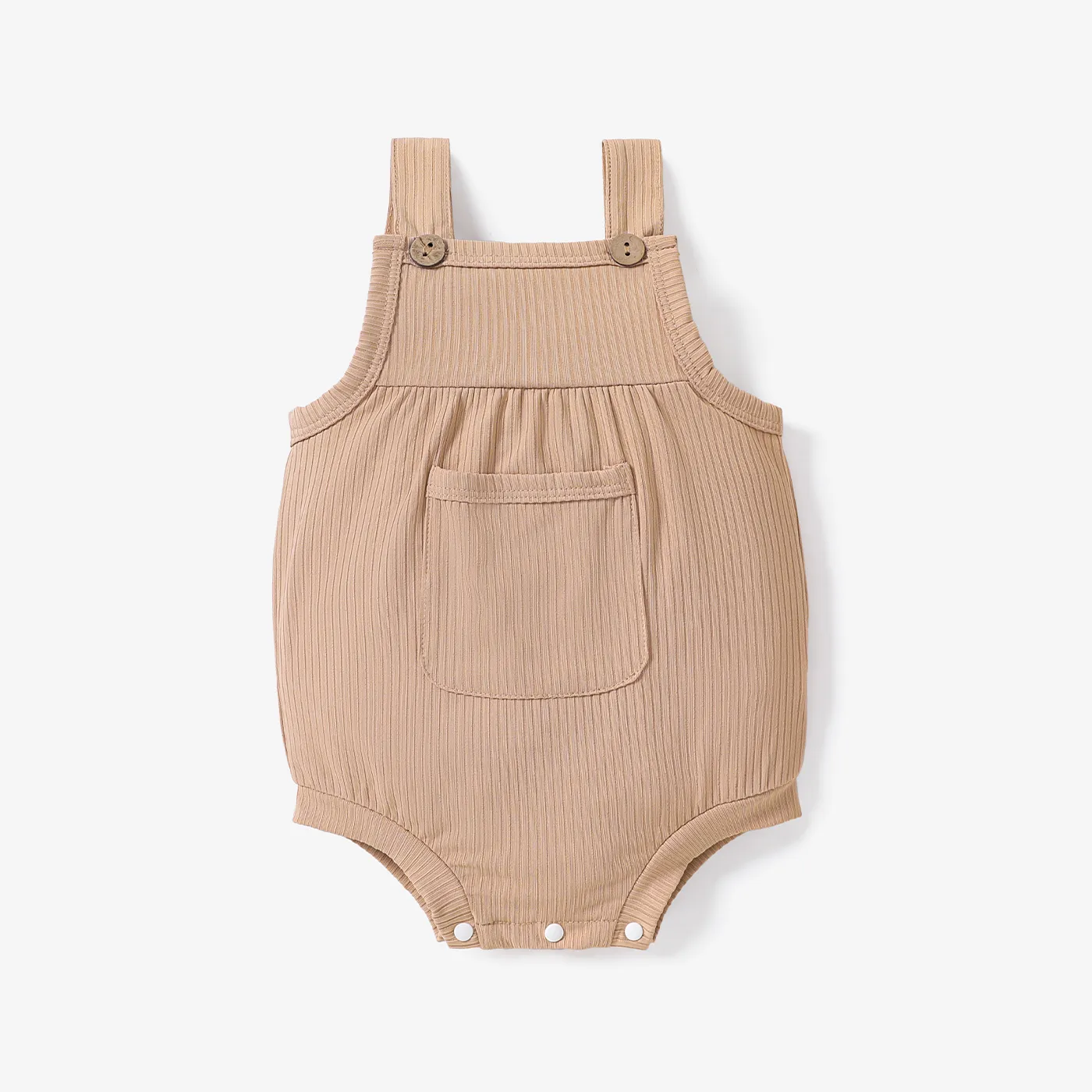 Ribbed Solid Pocket Decor Sleeveless Baby Romper Khaki