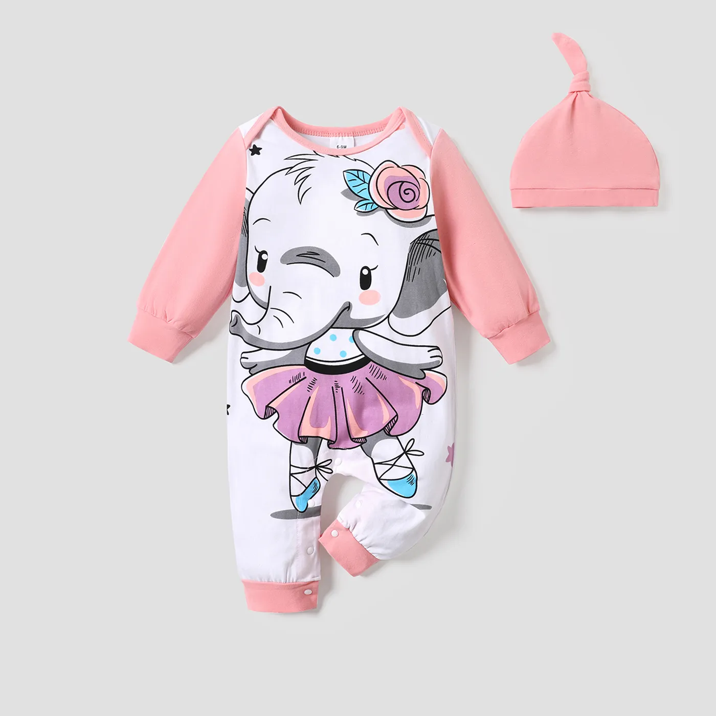 2pcs Baby Cartoon Elephant Print Long-sleeve Cotton Jumpsuit Set Light Pink big image 1