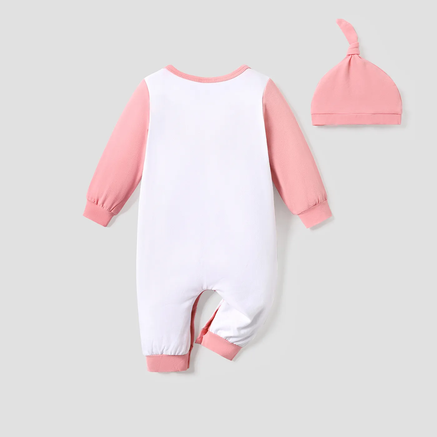 2pcs Baby Cartoon Elephant Print Long-sleeve Cotton Jumpsuit Set Light Pink image 3