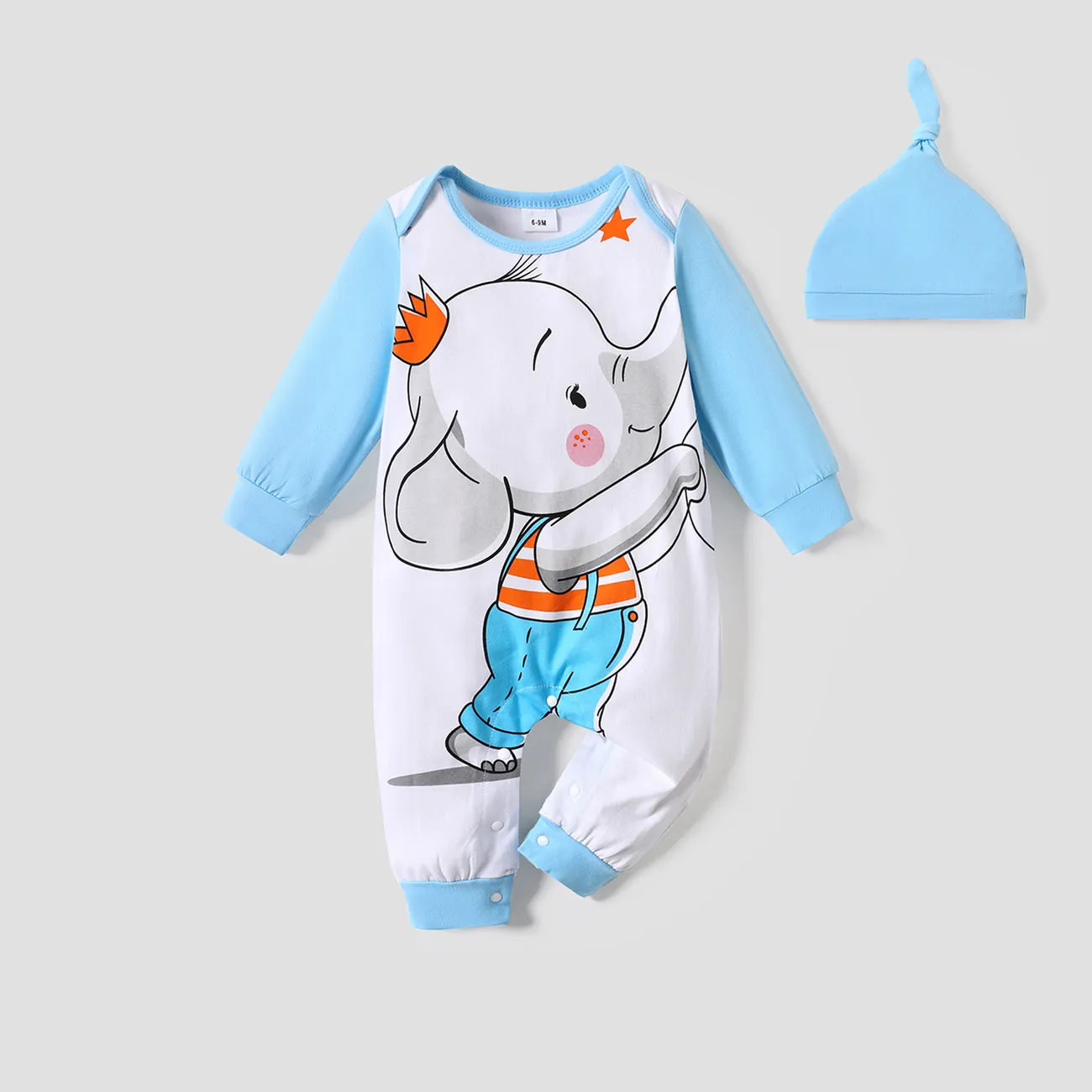 2pcs Baby Cartoon Elephant Print Long-sleeve Cotton Jumpsuit Set Light Blue big image 1