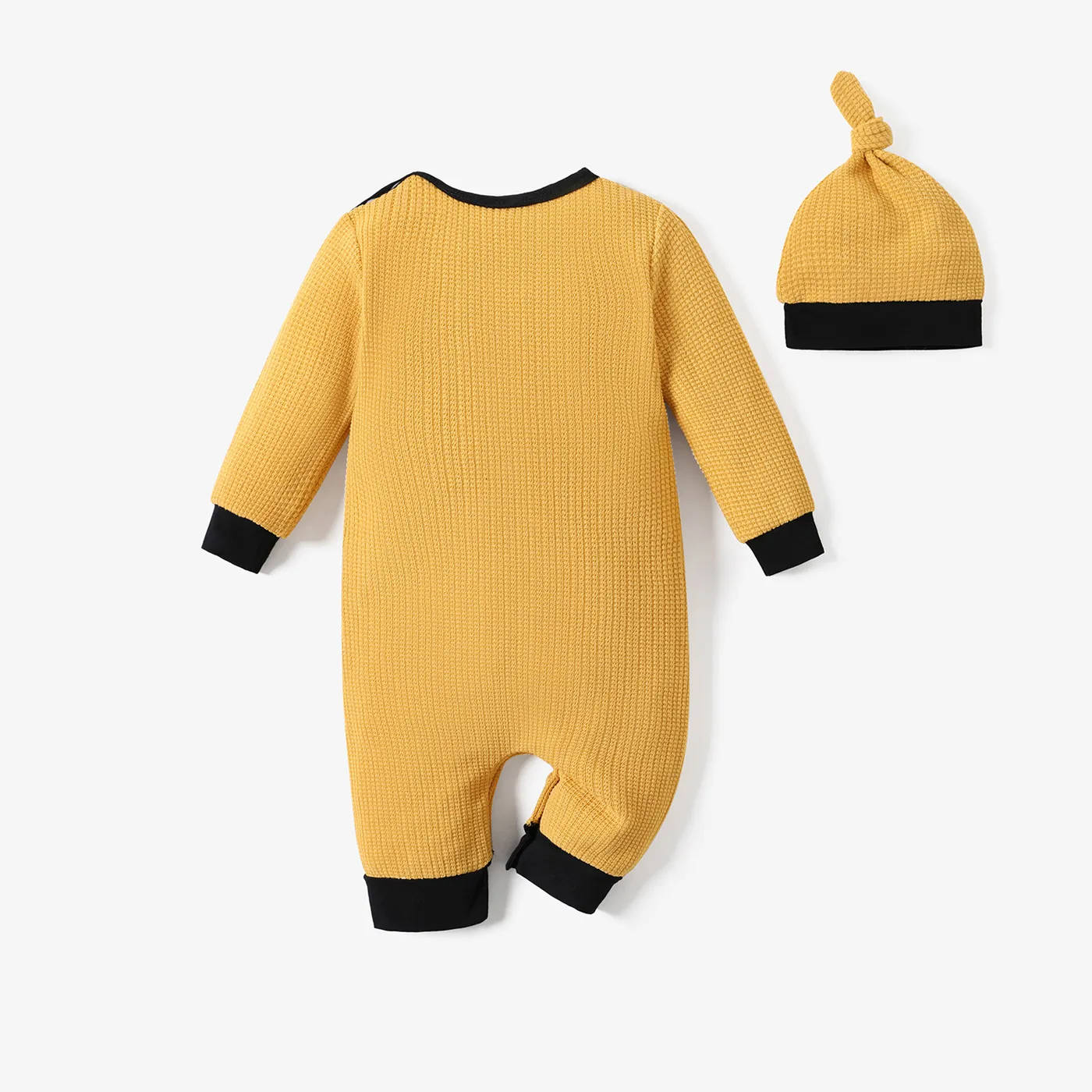2pcs Baby Boy/Girl Letter Embroidered Long-sleeve Knitted Jumpsuit with Hat Set Yellow image 2