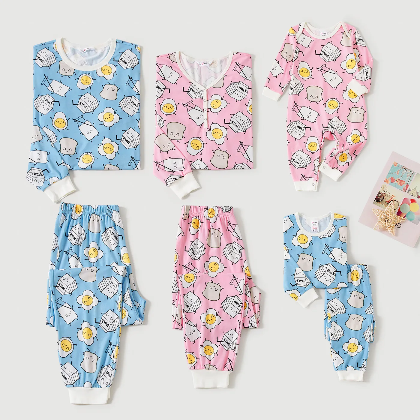 Christmas Family Matching Cute Cartoon Milk Boxes And Eggs Allover Print Long-sleeve Pajamas Sets (Flame Resistant)