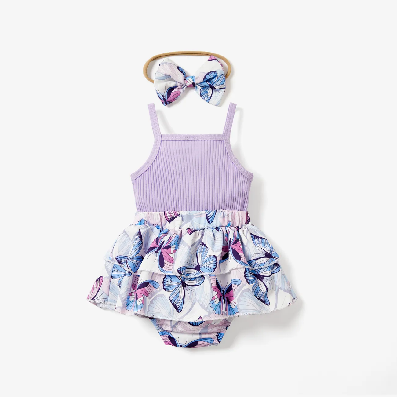 2pcs Baby Girl 95% Cotton Butterfly Print Combo Tank Romper & Bow Headband Set Purple big image 1
