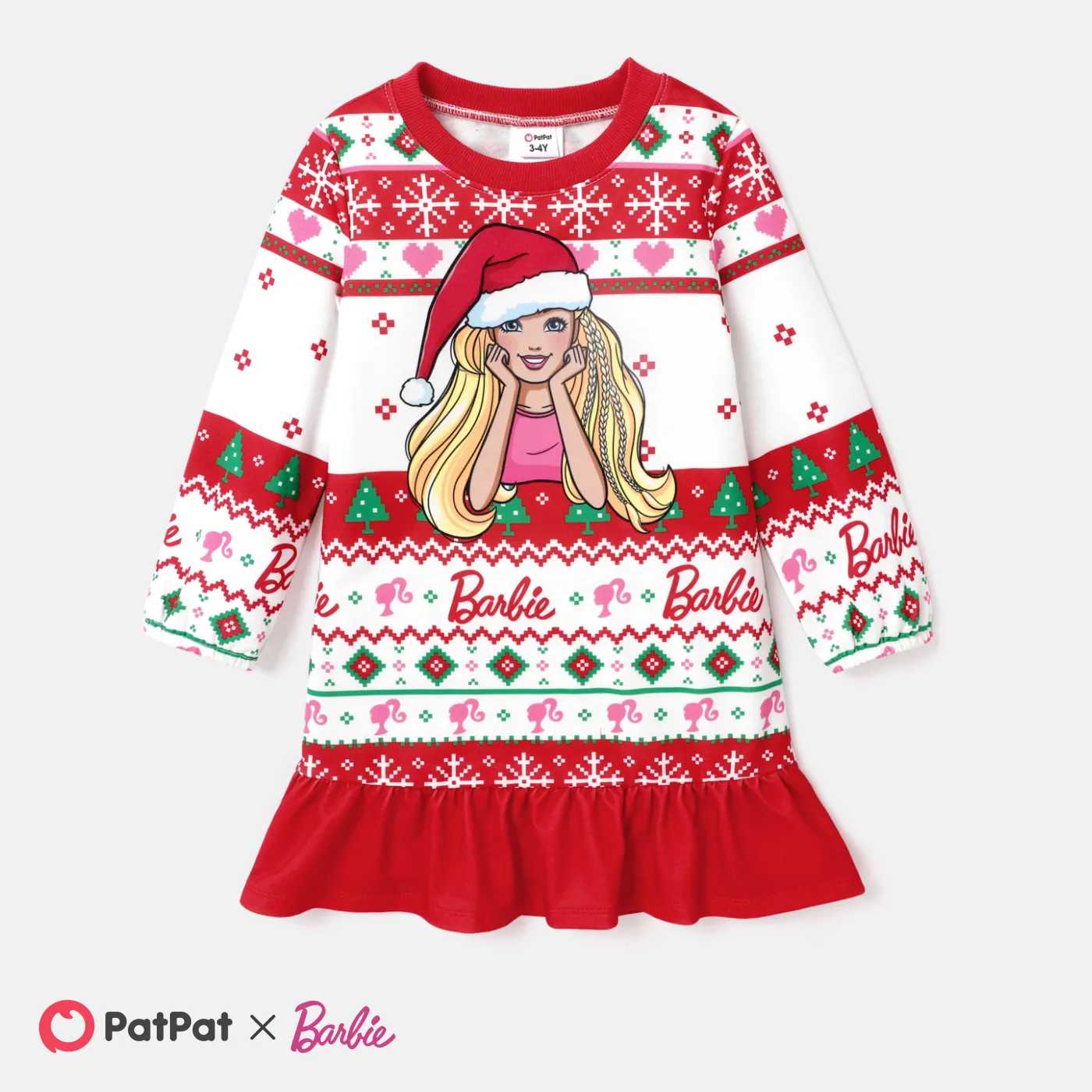 Barbie Toddler Girl Christmas Grass-green Ruffle Hem Long-sleeve Dress Red