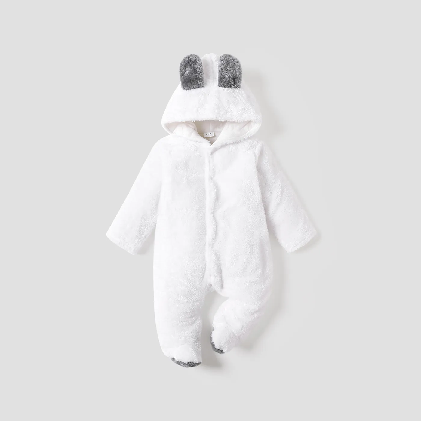 Solid Hooded 3D Bear Design Long-sleeve Baby Jumpsuit White big image 1