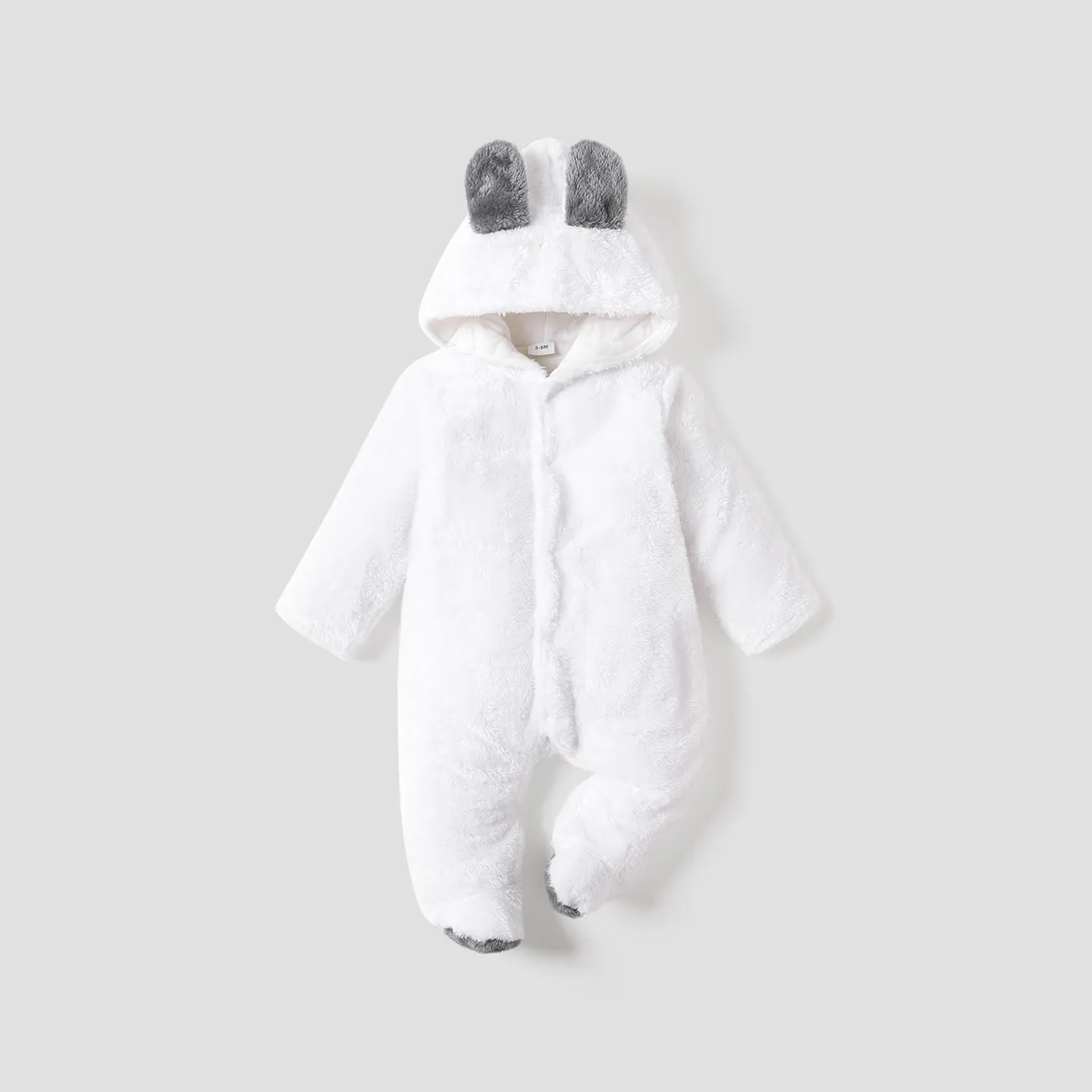Solid Hooded 3D Bear Design Long-sleeve Baby Jumpsuit White big image 1