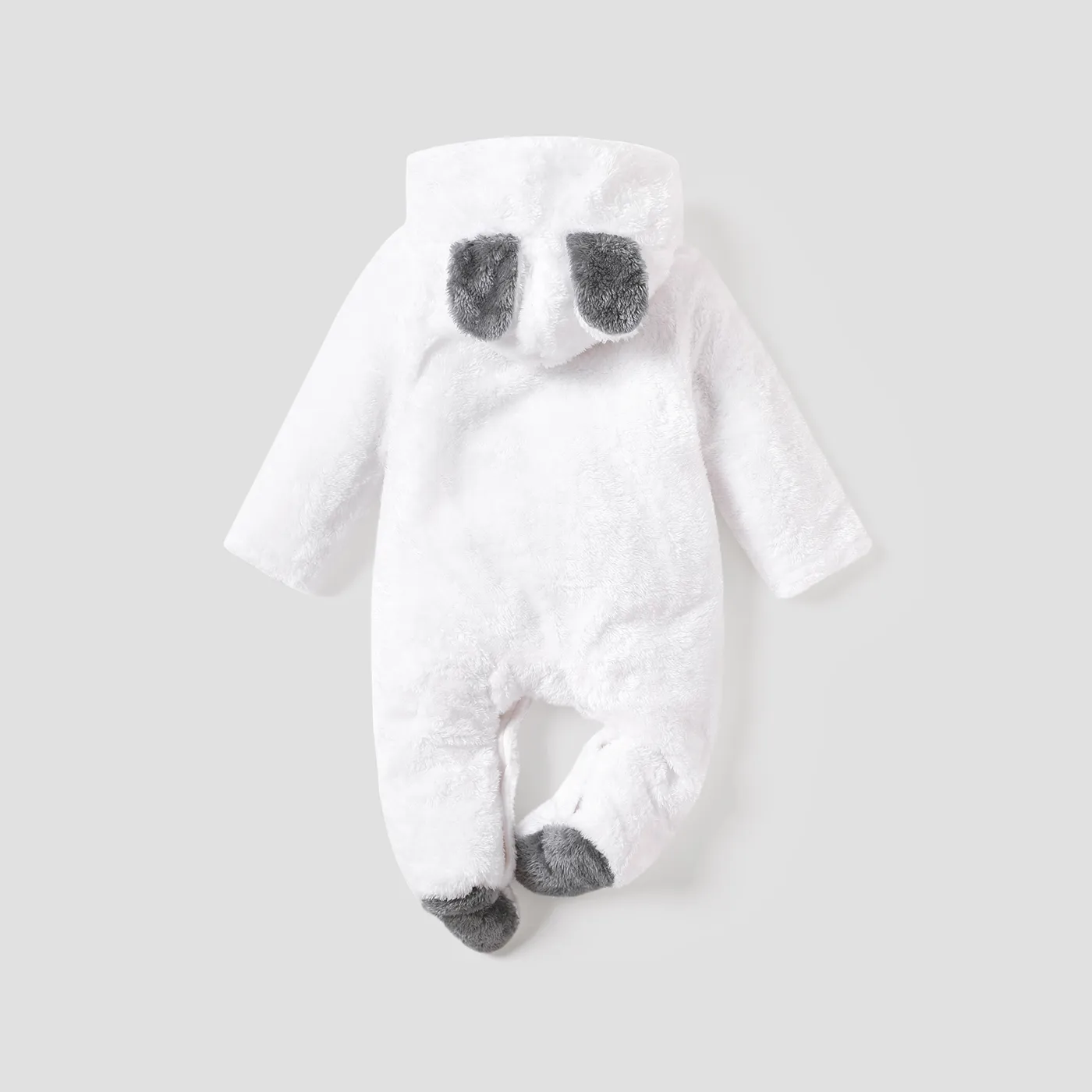 Solid Hooded 3D Bear Design Long-sleeve Baby Jumpsuit White image 2