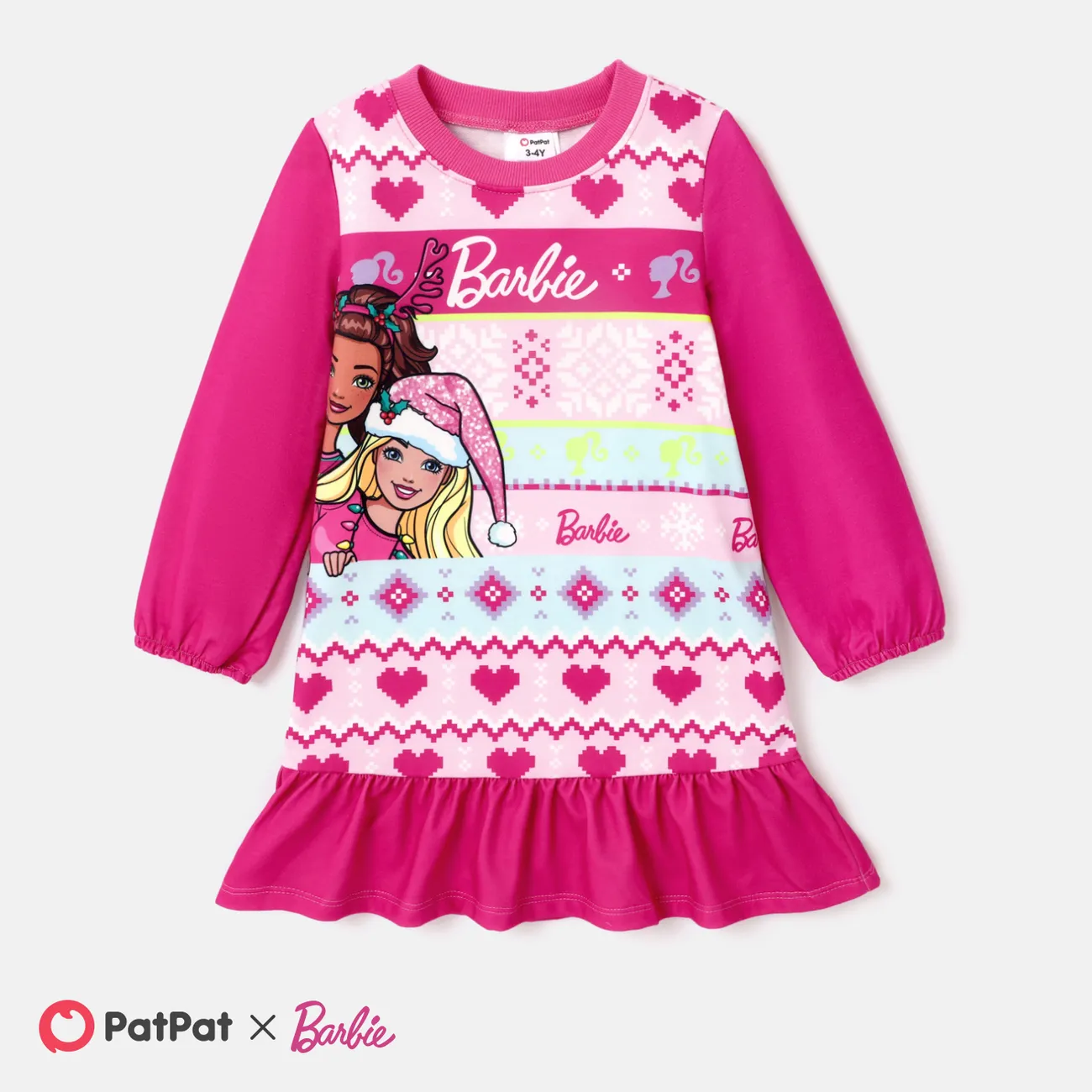 Barbie Toddler Girl Christmas Grass-green Ruffle Hem Long-sleeve Dress big image 1