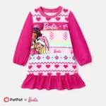 Barbie Toddler Girl Christmas Grass-green Ruffle Hem Long-sleeve Dress Hot Pink